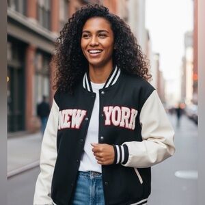NEW LOOK Black New York Varsity Bomber Jacket with zipper and fronts pockets
